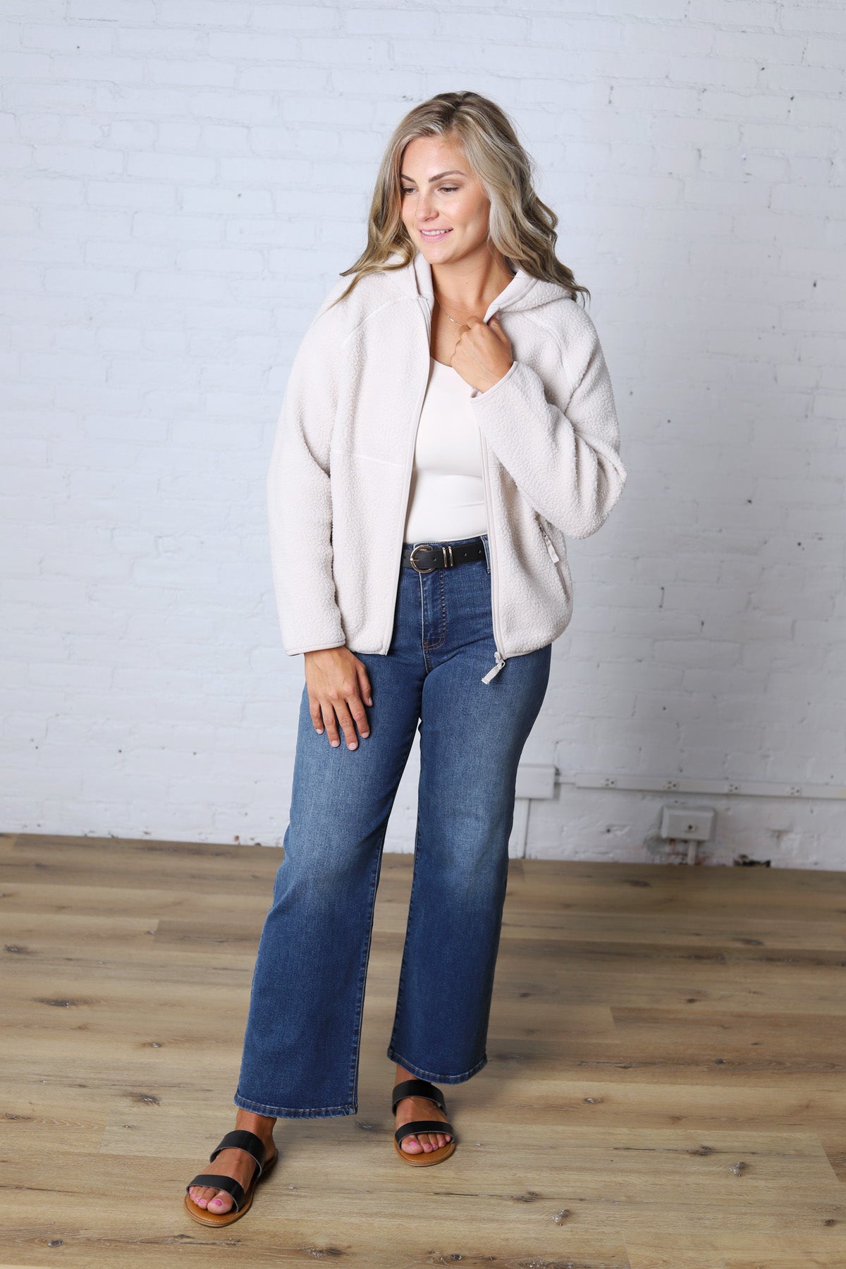 Nessa Sherpa Fleece Zipper Hoodie Jacket - Ecru