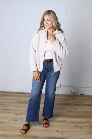 Nessa Sherpa Fleece Zipper Hoodie Jacket - Ecru