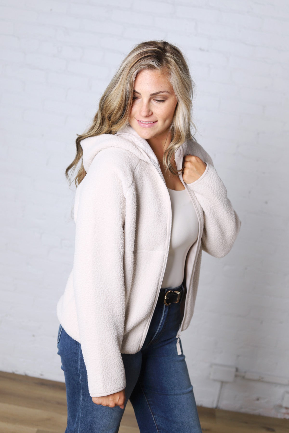 Nessa Sherpa Fleece Zipper Hoodie Jacket - Ecru