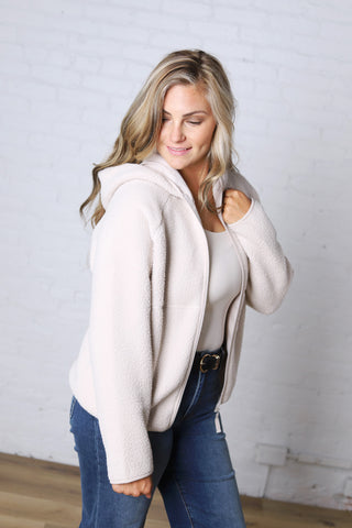 Nessa Sherpa Fleece Zipper Hoodie Jacket - Ecru