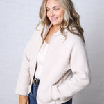 Nessa Sherpa Fleece Zipper Hoodie Jacket - Ecru