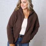 Nessa Sherpa Fleece Zipper Hoodie Jacket - Espresso
