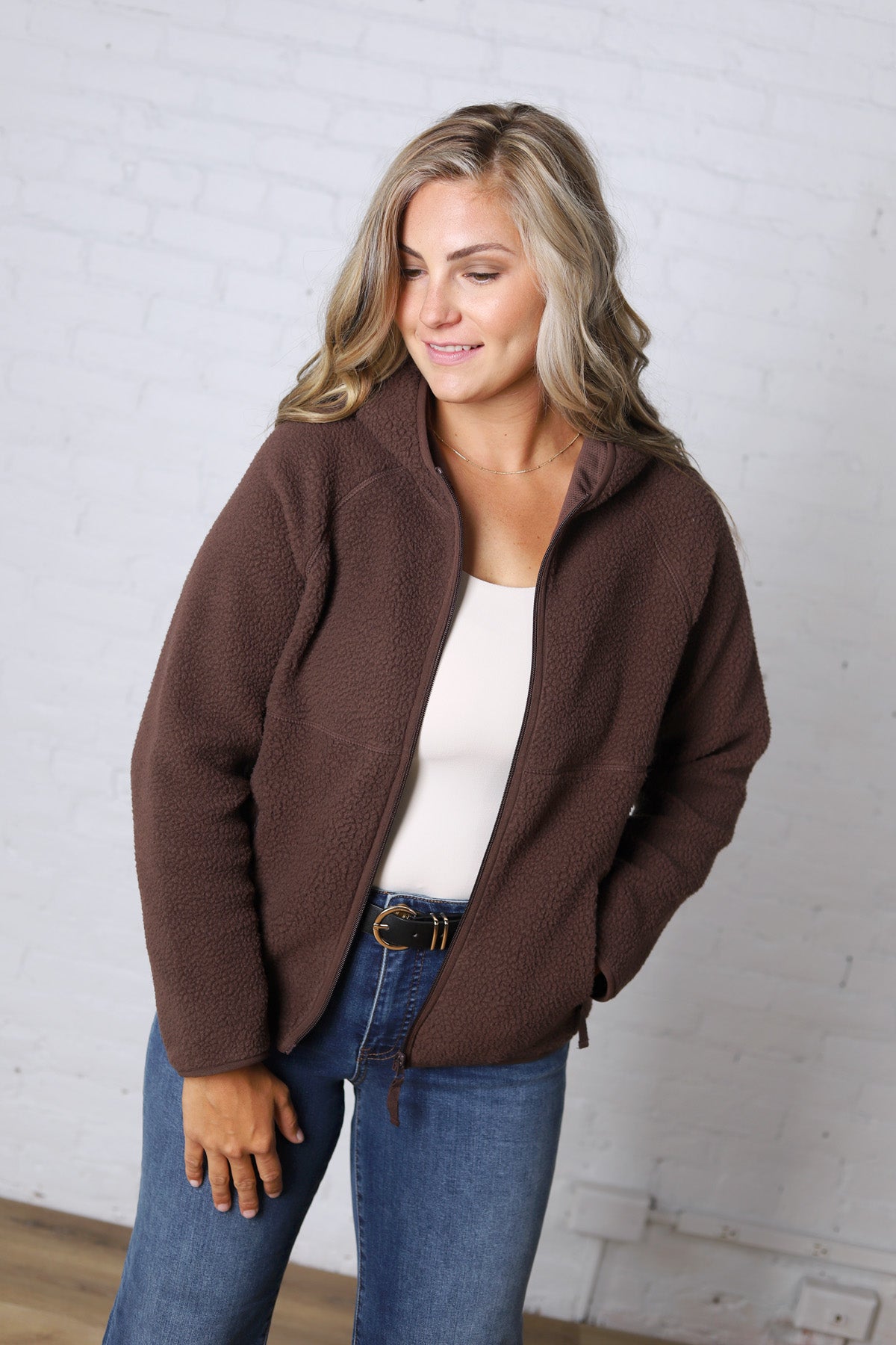 Nessa Sherpa Fleece Zipper Hoodie Jacket - Espresso