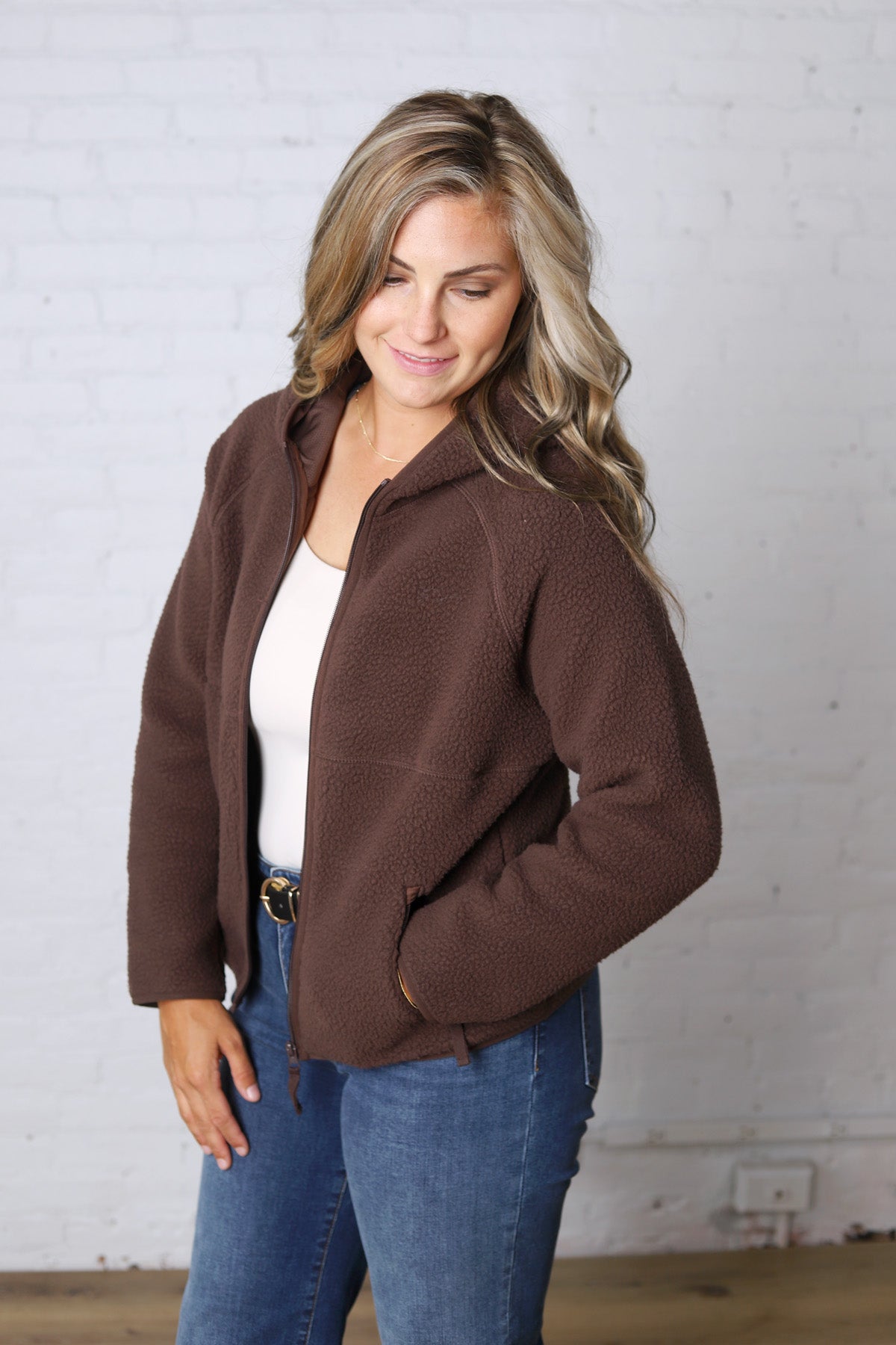 Nessa Sherpa Fleece Zipper Hoodie Jacket - Espresso