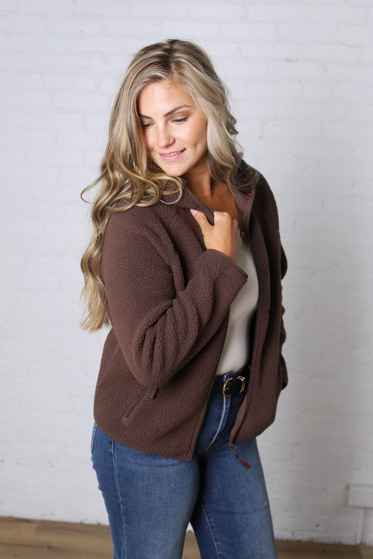 Nessa Sherpa Fleece Zipper Hoodie Jacket - Espresso