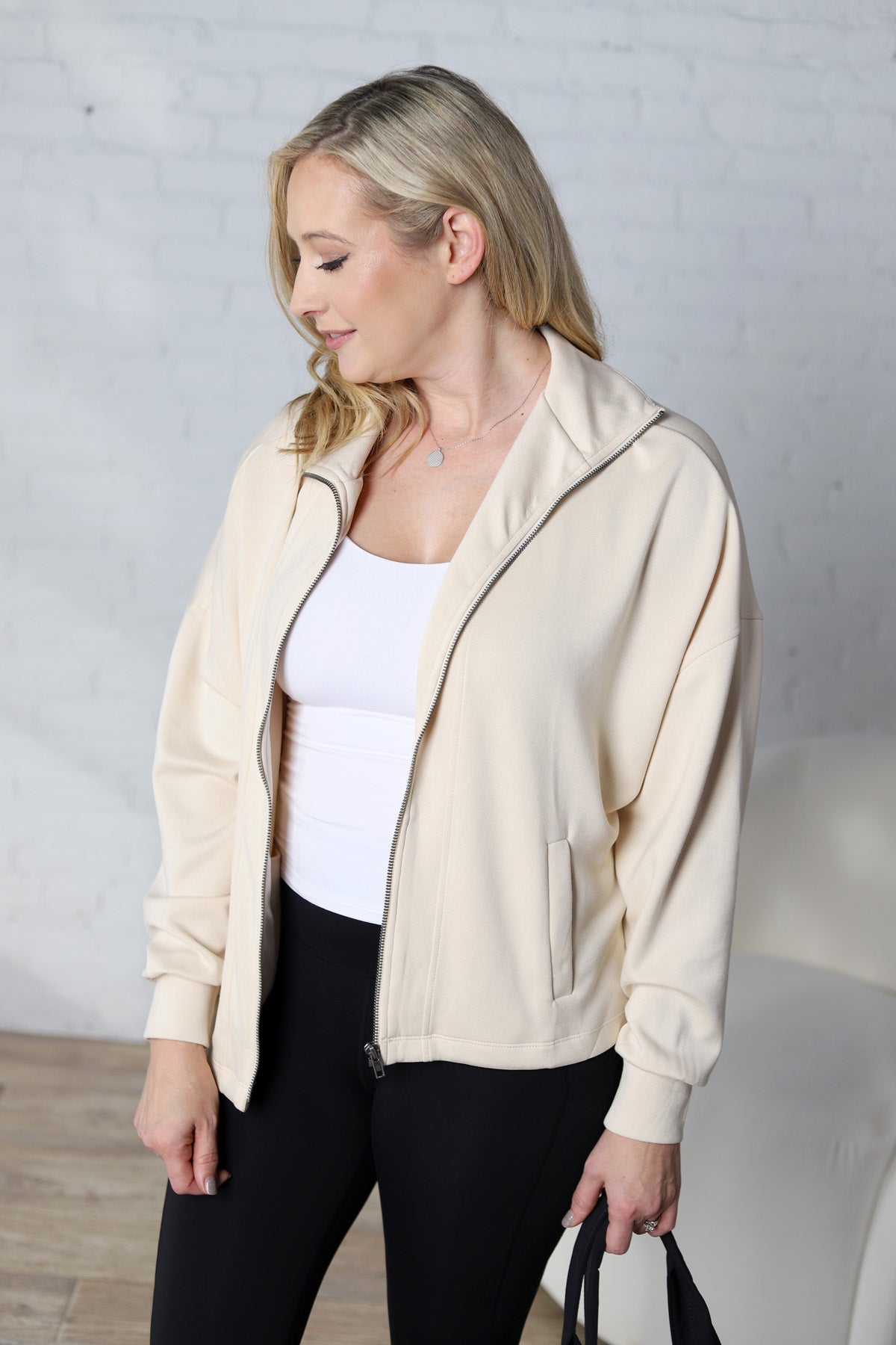 Nia Casual High Neck Zip Up Jacket - Alpaca