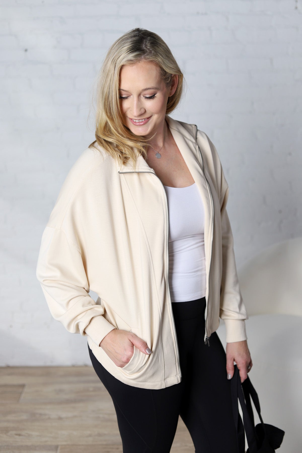 Nia Casual High Neck Zip Up Jacket - Alpaca