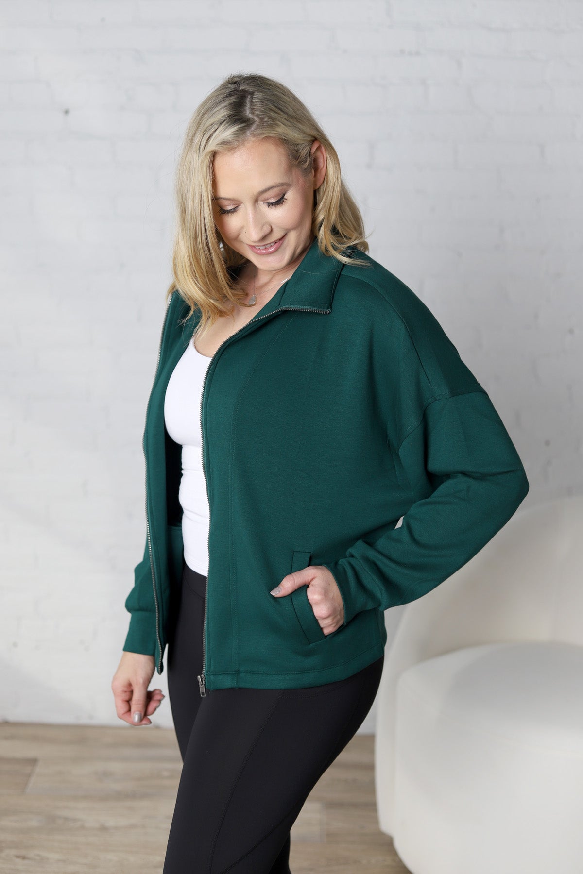 Nia Casual High Neck Zip Up Jacket - Dk Green