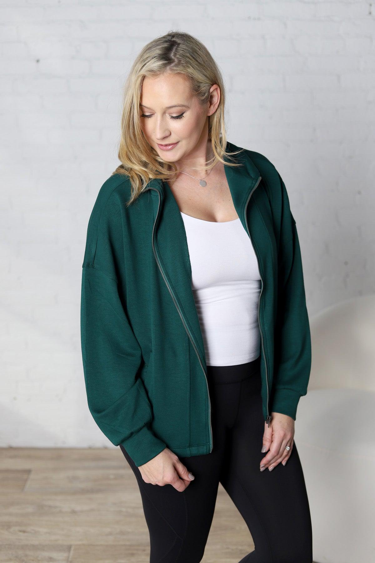 Nia Casual High Neck Zip Up Jacket - Dk Green