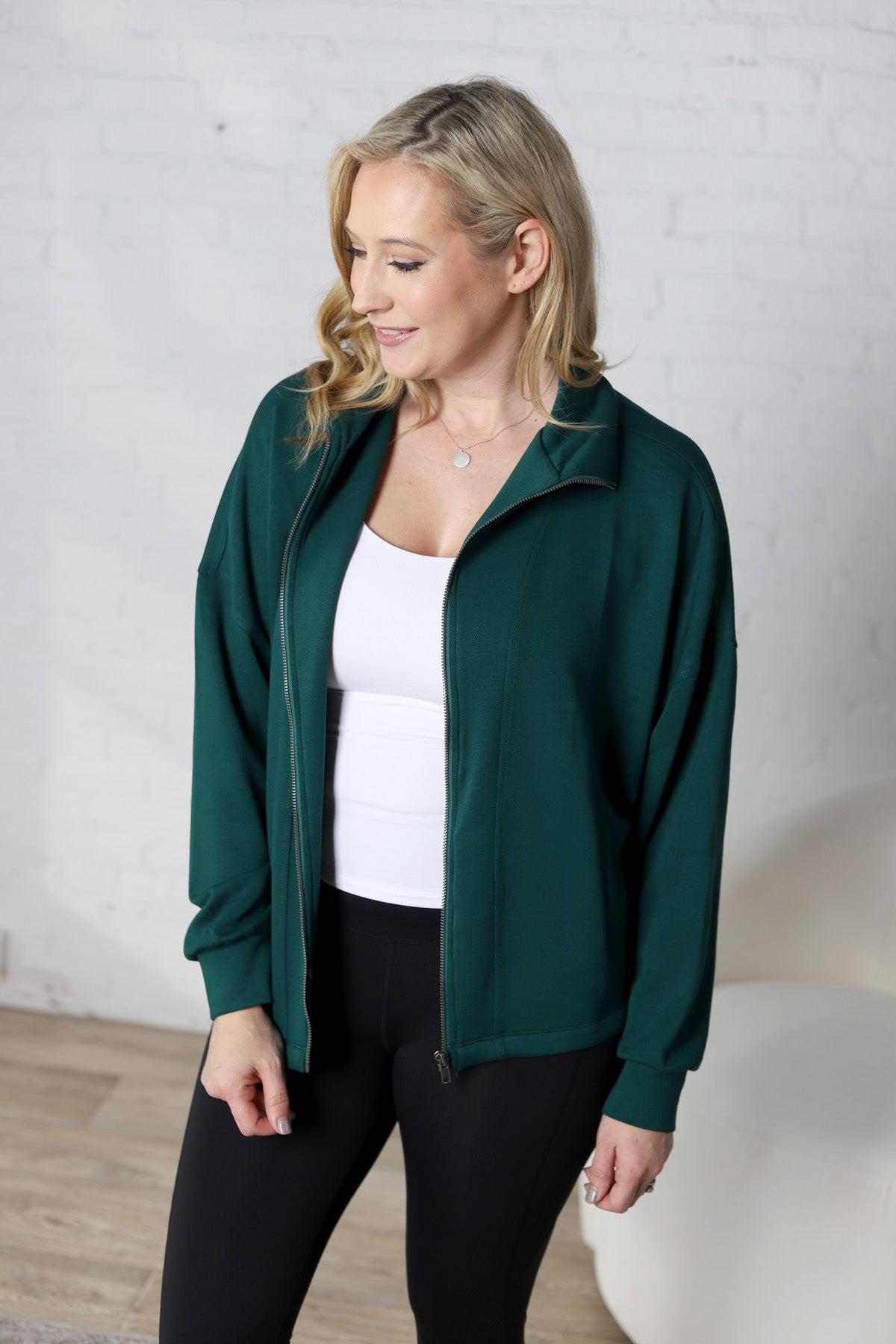 Nia Casual High Neck Zip Up Jacket - Dk Green