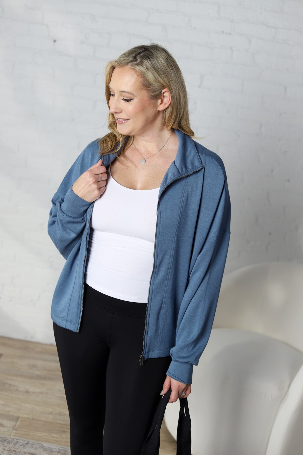 Nia Casual High Neck Zip Up Jacket - Gray Blue