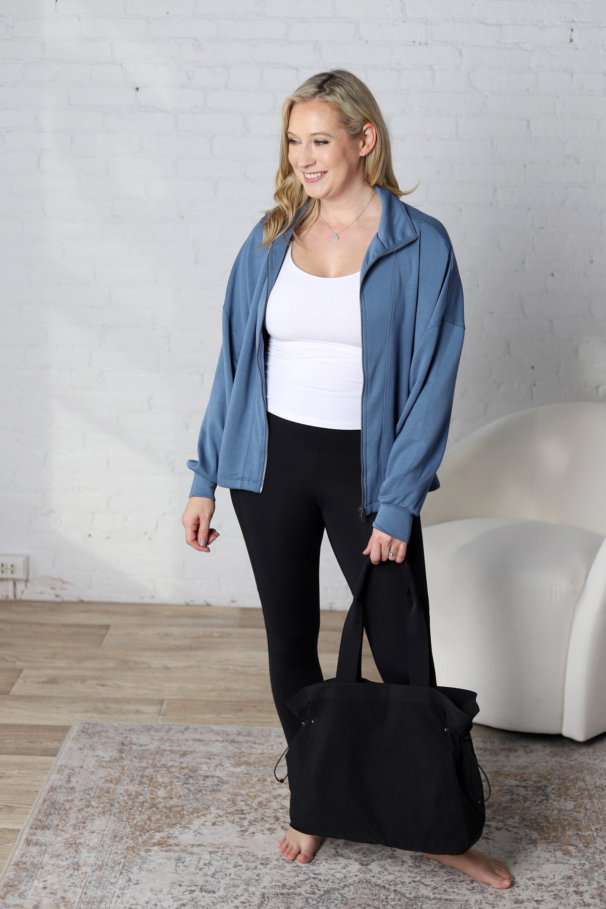 Nia Casual High Neck Zip Up Jacket - Gray Blue