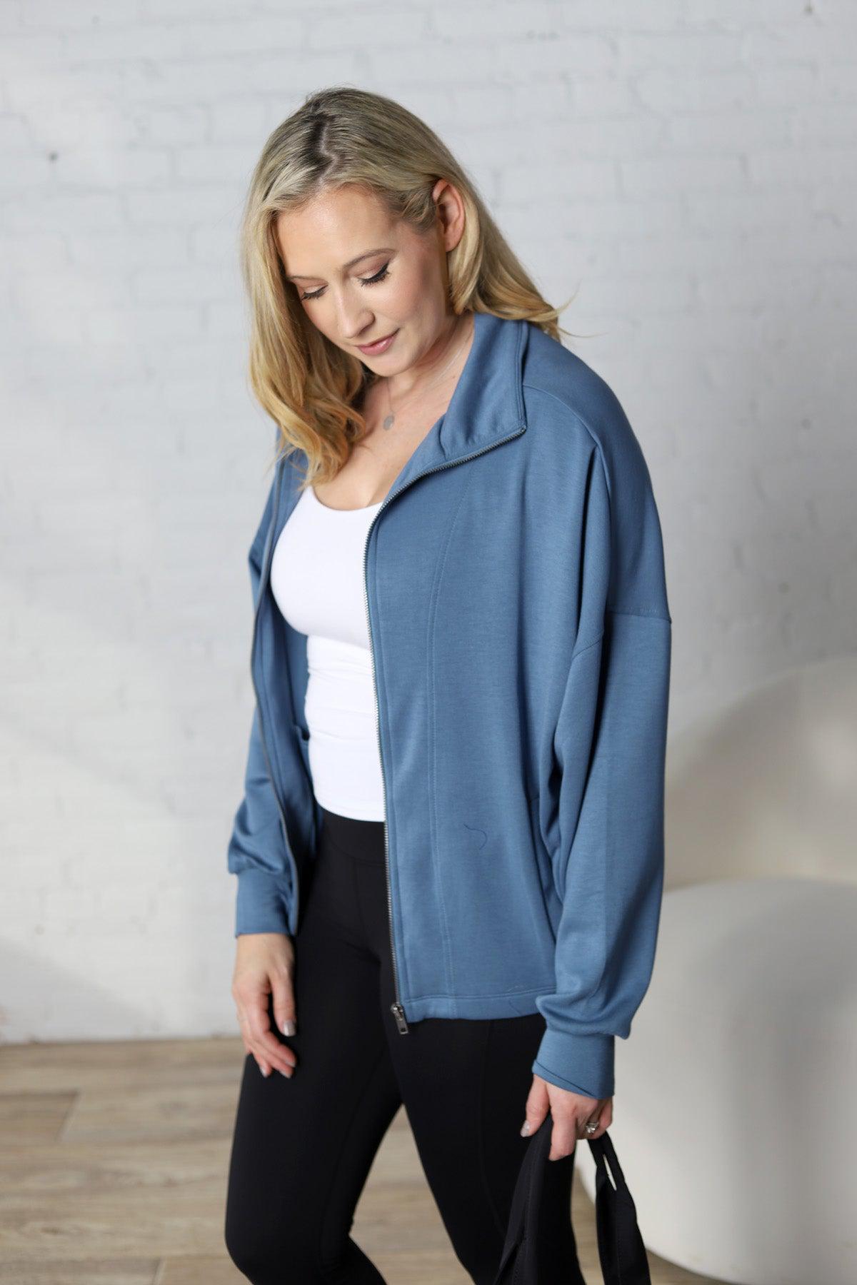 Nia Casual High Neck Zip Up Jacket - Gray Blue