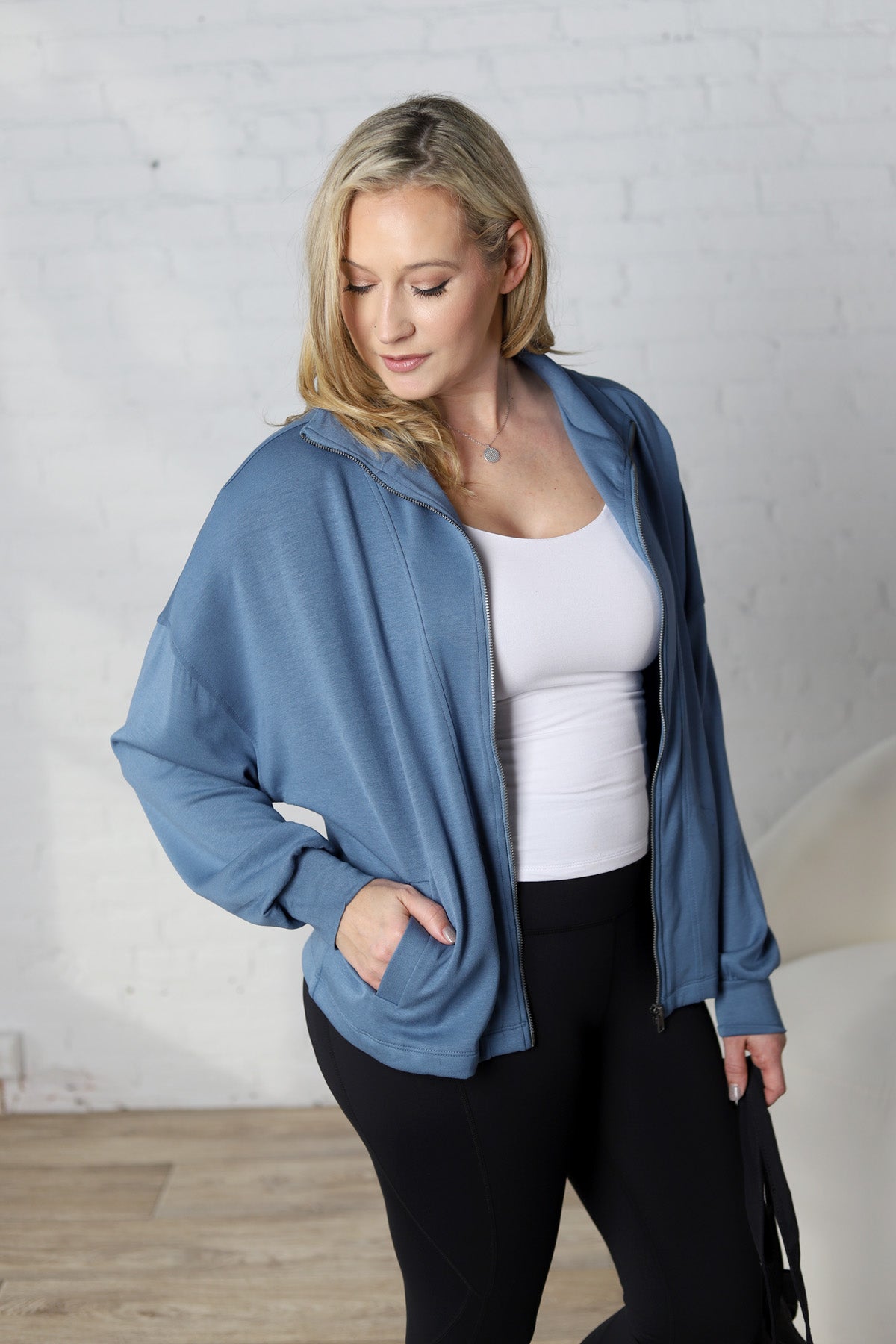 Nia Casual High Neck Zip Up Jacket - Gray Blue