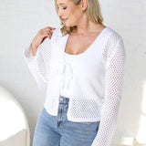 Nicolette Front Tie Crochet Sweater Knit Cardigan - White