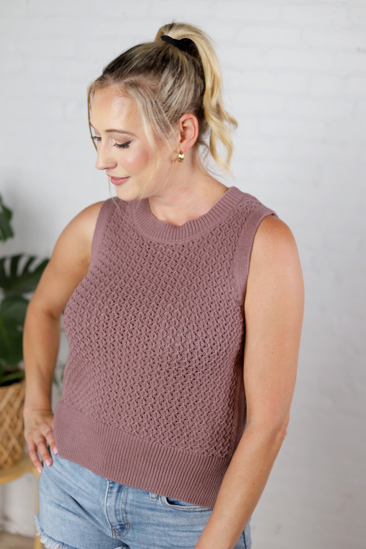 Nita Crochet Sleeveless Knit Sweater - Dusty Lavender