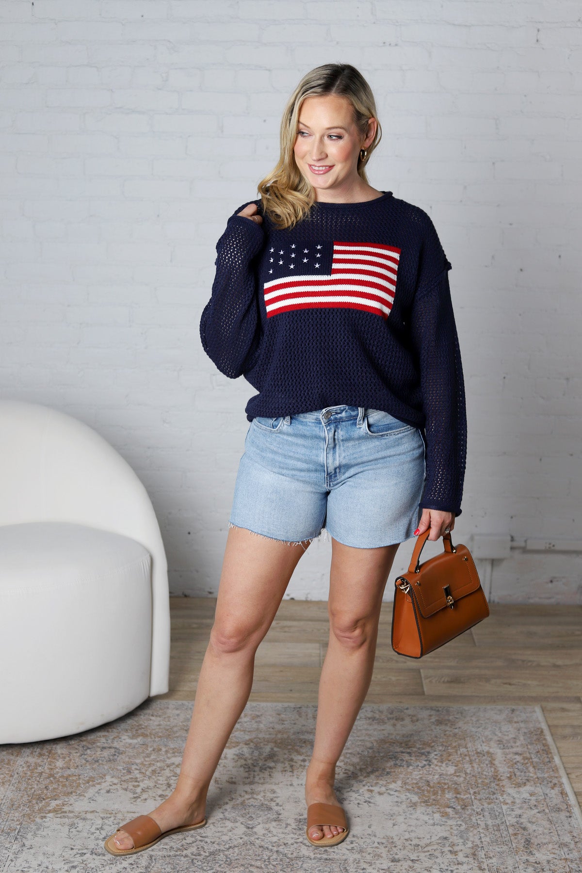 Noemie American Flag Crochet Knit Top - Navy