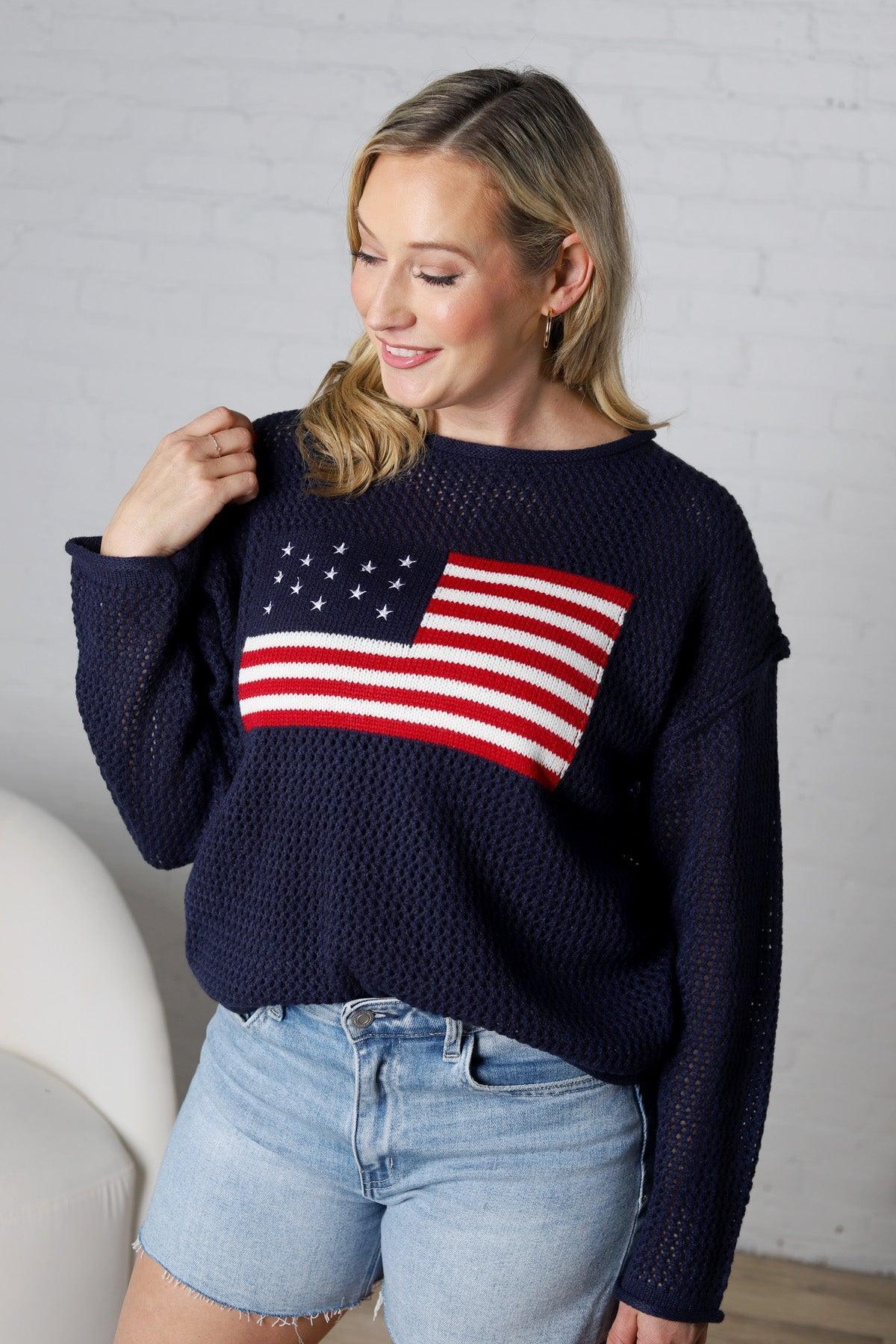 Noemie American Flag Crochet Knit Top - Navy