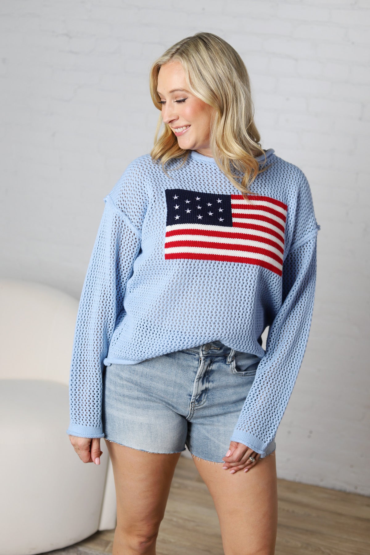 Noemie American Flag Crochet Knit Top - Powder Blue
