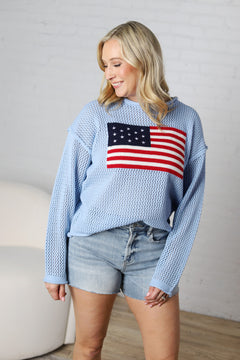 Noemie American Flag Crochet Knit Top - Powder Blue