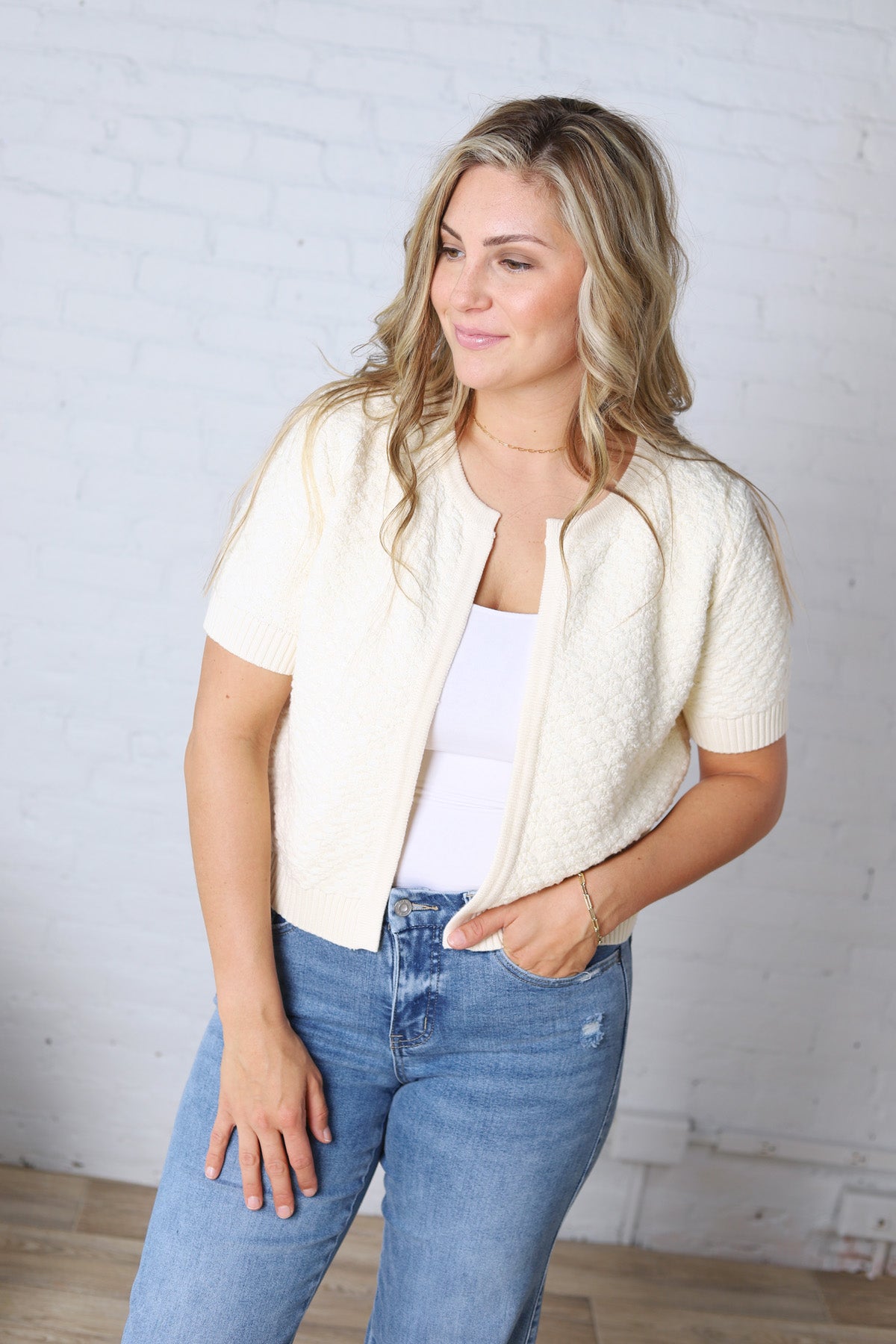 Nolyn Textured Short Sleeve Cardigan - Off White