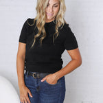 Nora Basic Short Sleeve Sweater Top - Black