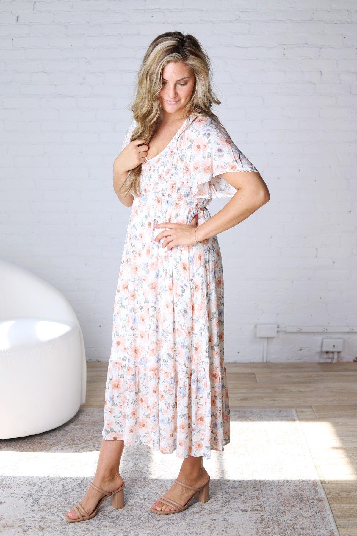 Noria Floral Smocked Flutter Sleeve Maxi Dress
