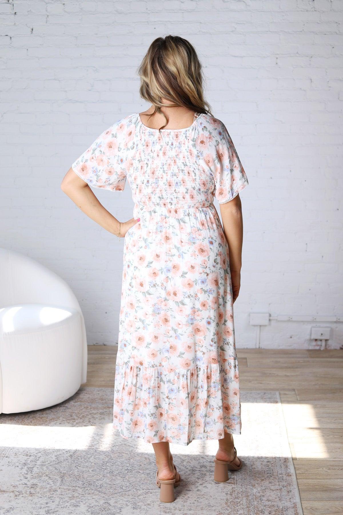 Noria Floral Smocked Flutter Sleeve Maxi Dress