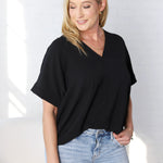 Novella Solid V Neck Boxy Top - Black