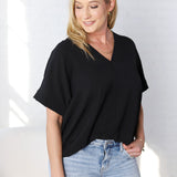 Novella Solid V Neck Boxy Top - Black