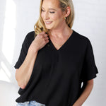 Novella Solid V Neck Boxy Top - Black