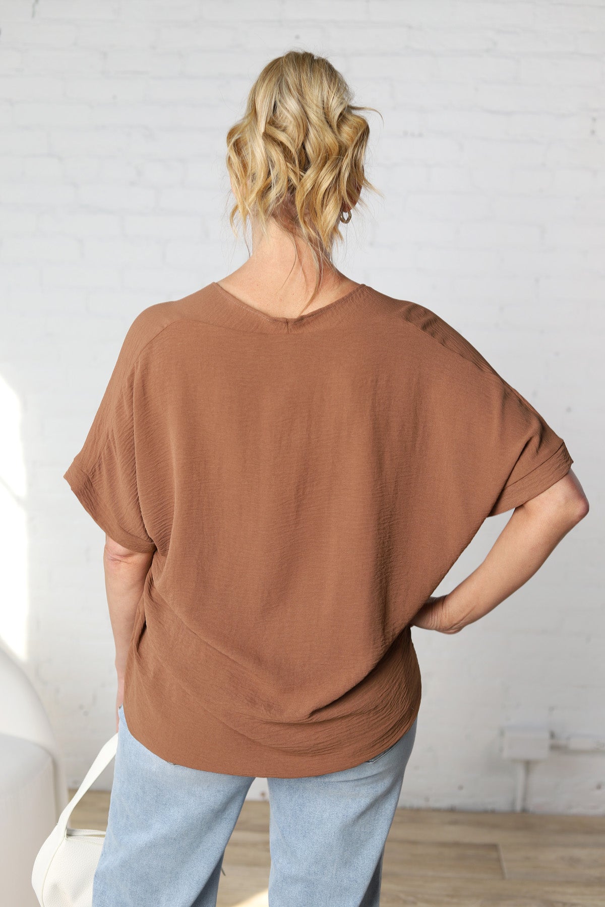 Novella Solid V Neck Boxy Top - Coco