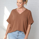 Novella Solid V Neck Boxy Top - Coco