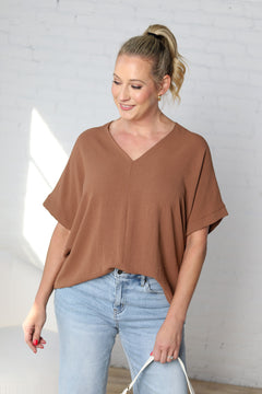 Novella Solid V Neck Boxy Top - Coco