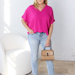 Novella Solid V Neck Boxy Top - Magenta