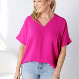 Novella Solid V Neck Boxy Top - Magenta