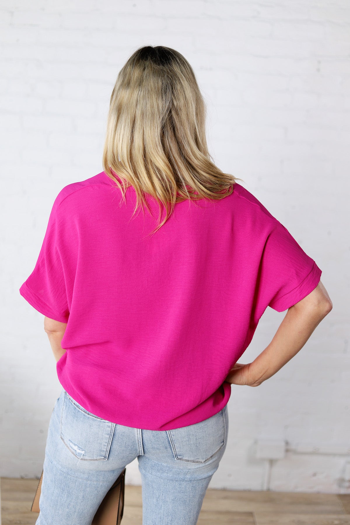 Novella Solid V Neck Boxy Top - Magenta