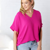 Novella Solid V Neck Boxy Top - Magenta