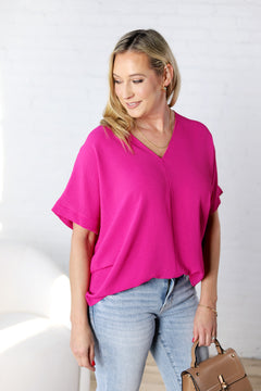 Novella Solid V Neck Boxy Top - Magenta