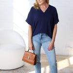 Novella Solid V Neck Boxy Top - Navy