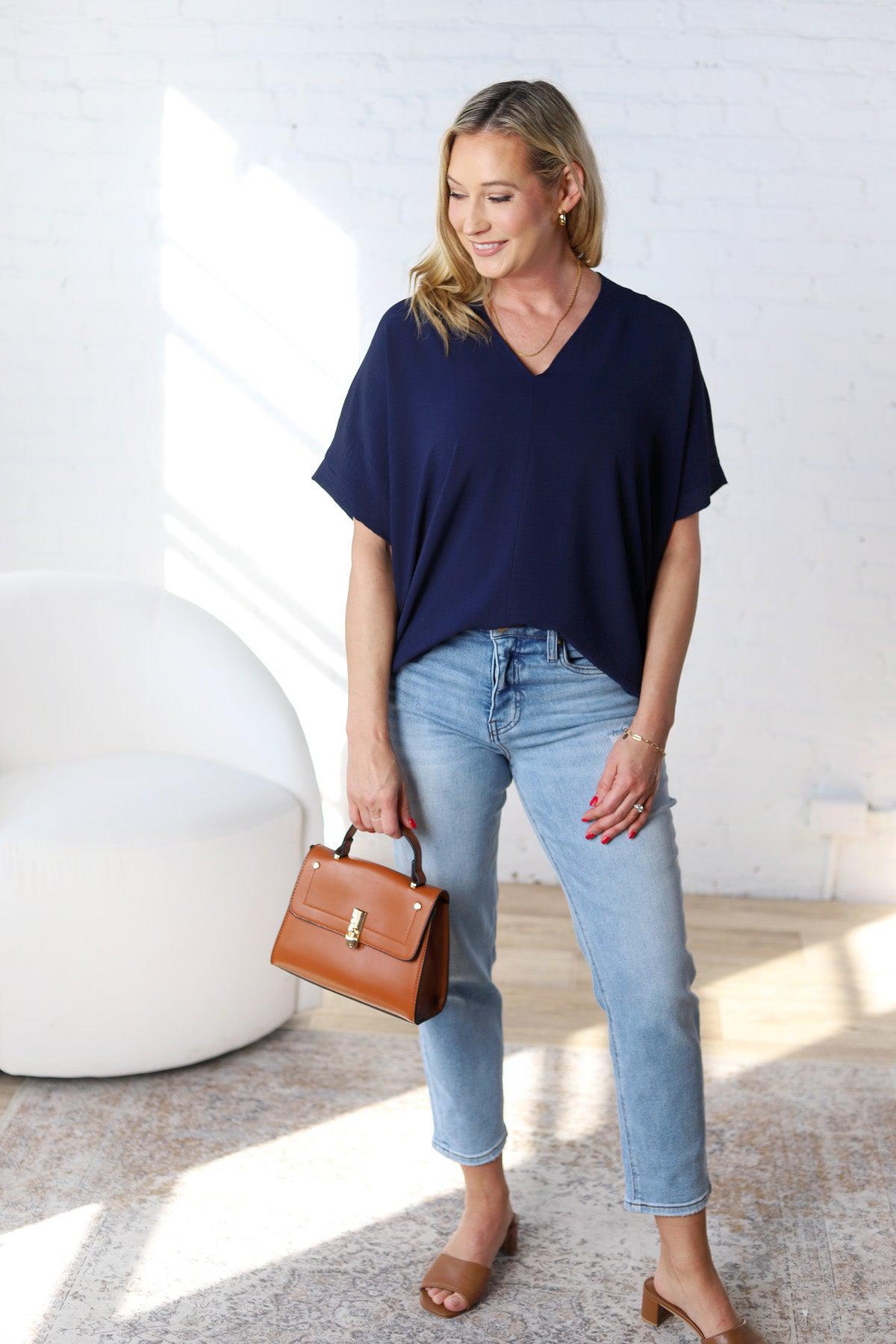 Novella Solid V Neck Boxy Top - Navy