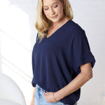 Novella Solid V Neck Boxy Top - Navy