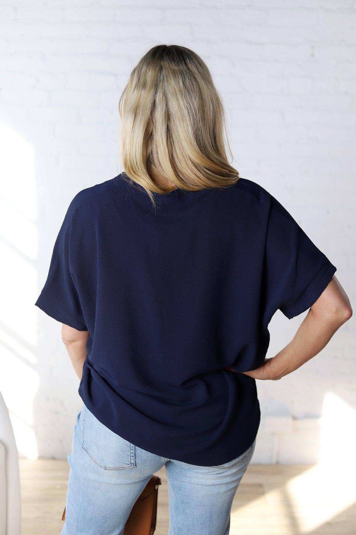 Novella Solid V Neck Boxy Top - Navy