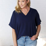 Novella Solid V Neck Boxy Top - Navy