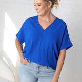 Novella Solid V Neck Boxy Top - Royal