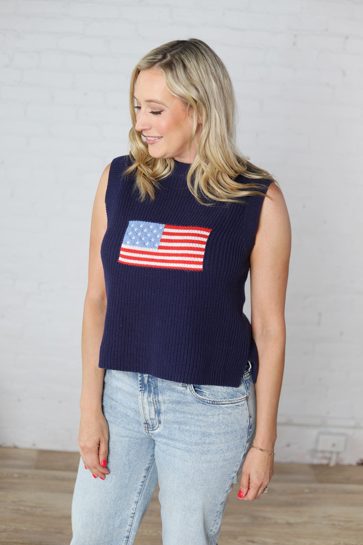 Oaklyn Flag Print Knitted Sleeveless Sweater - Navy
