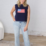 Oaklyn Flag Print Knitted Sleeveless Sweater - Navy