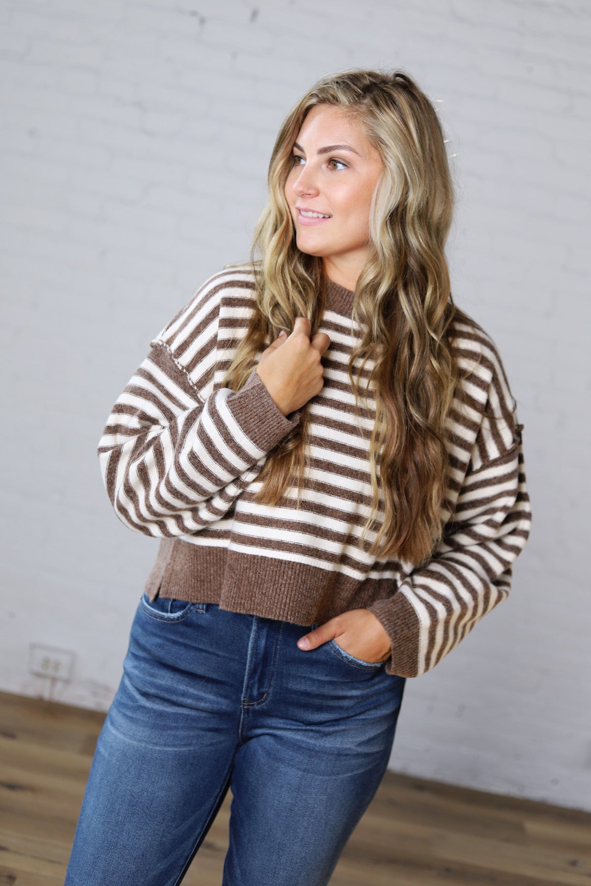 Odessa Striped Crewneck Sweater - Brown