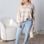 Orian Notch-Neck Striped Knit Sweater - Beige