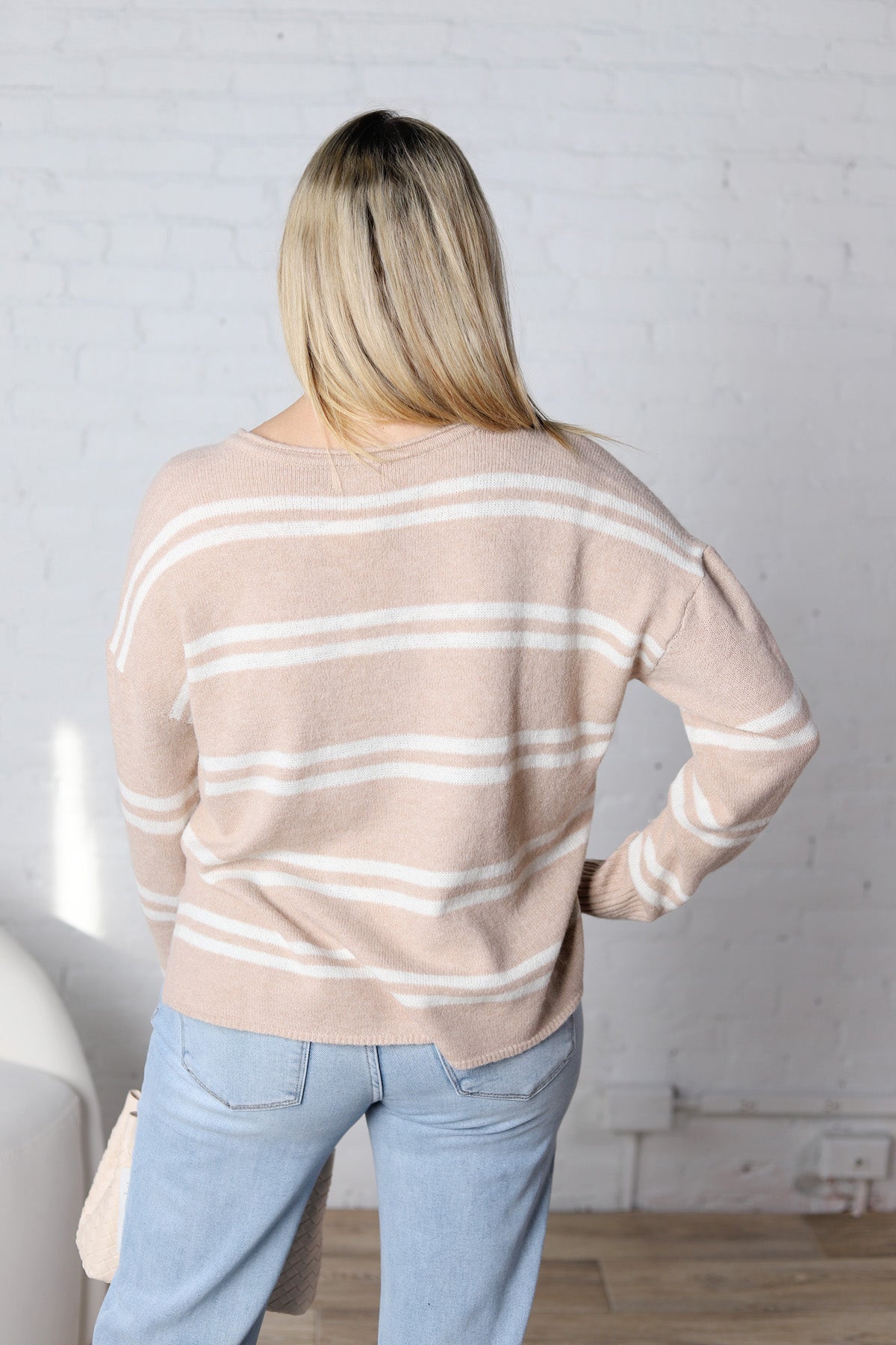 Orian Notch-Neck Striped Knit Sweater - Beige